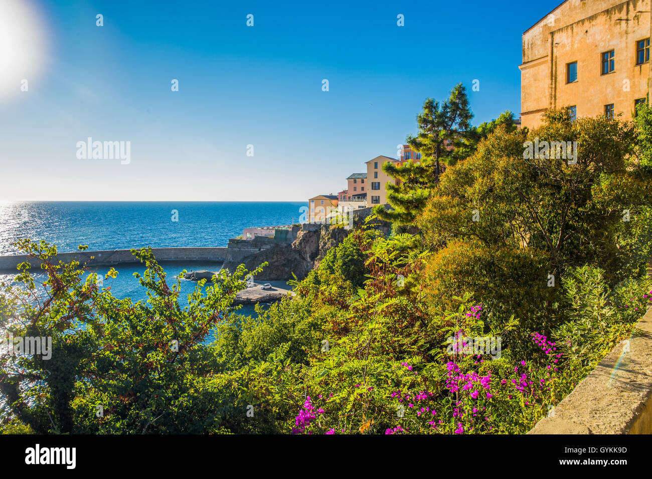 Vue de Bastia vieux centre-ville, le phare et le port. Bastia est deuxième ville de Corse, France, Europe. Banque D'Images