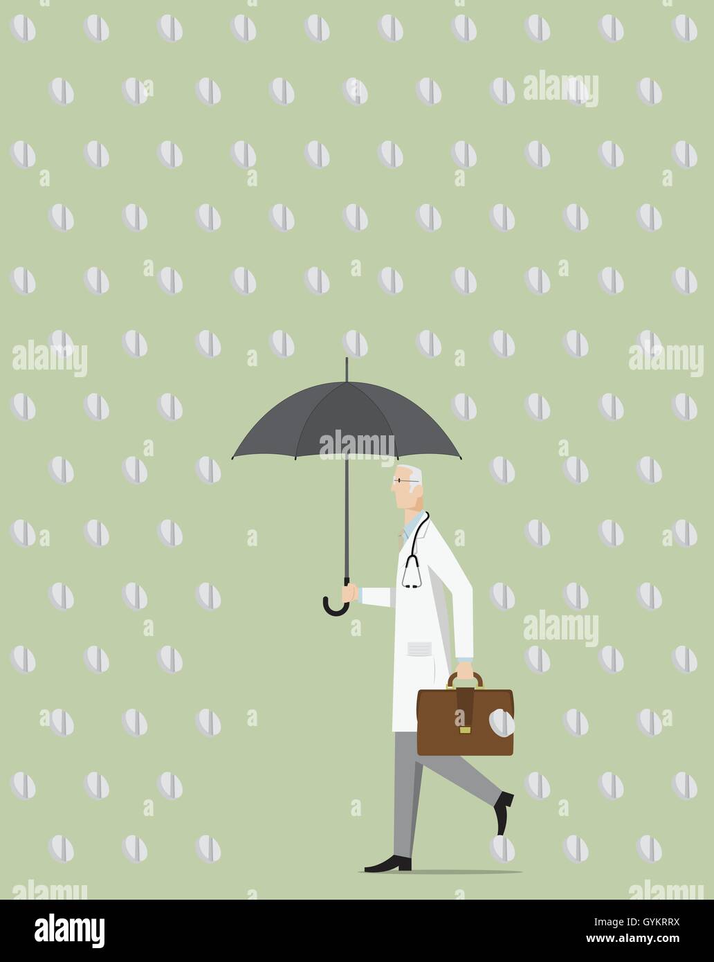 Médecin avec parapluie marcher sous la pluie en comprimé. Illustration de Vecteur