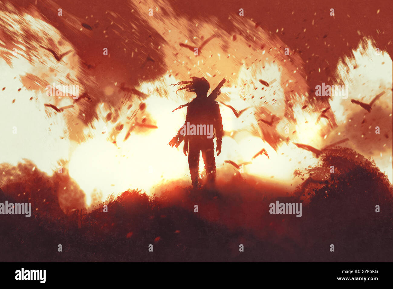 Des armes à feu avec l'homme debout contre l'incendie contexte,illustration peinture Banque D'Images