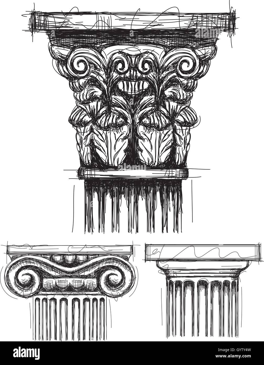 Chapiteaux de colonne ionique, corinthien, et esquisses capital dorique Illustration de Vecteur