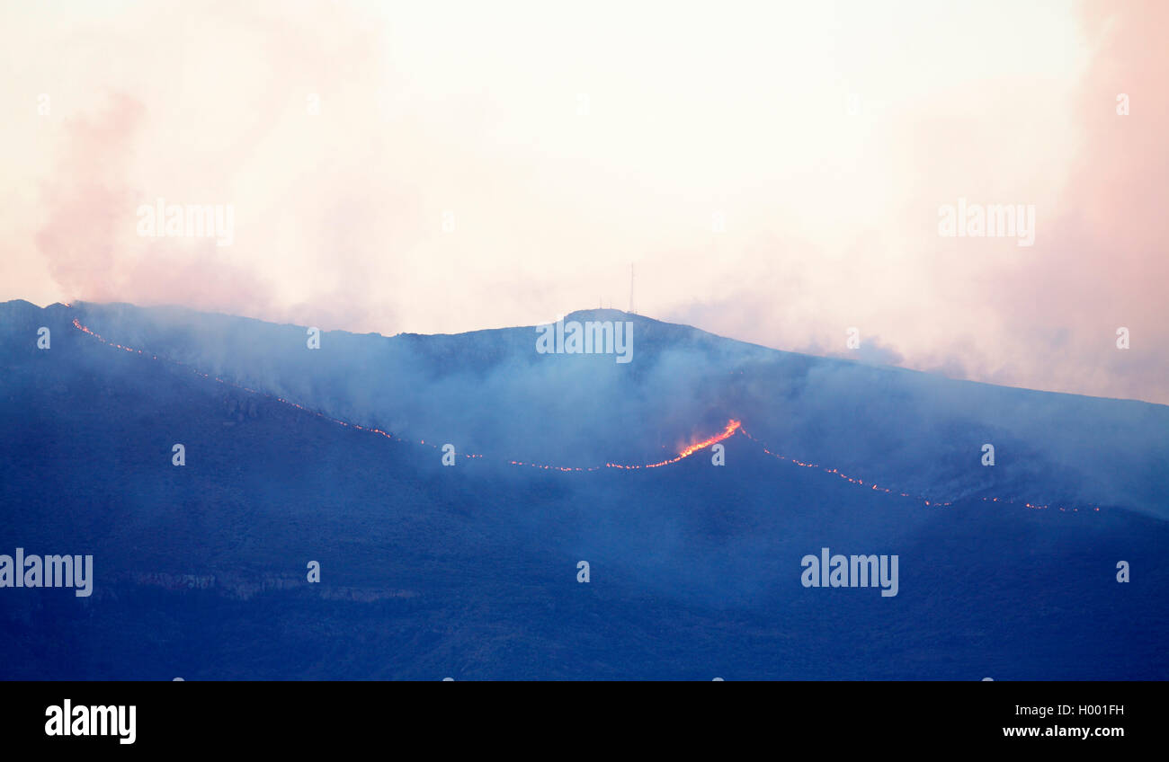 Incendie dans les montagnes de boussole pour le contrôle de la végétation, Afrique du Sud, Eastern Cape, Camdeboo Parc National, Graaff Reinet Banque D'Images