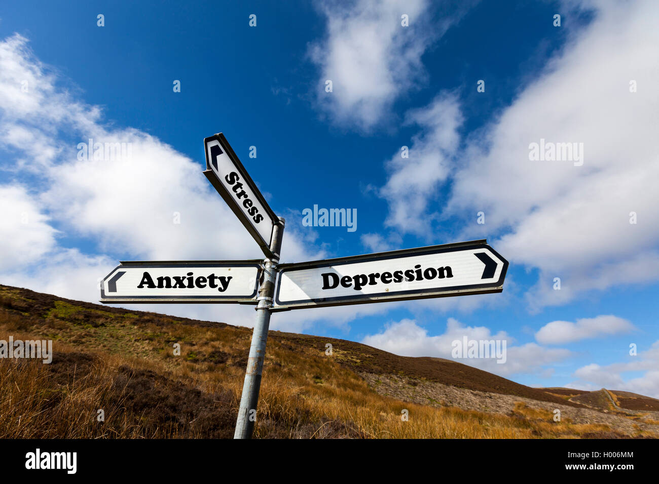 Santé mentale stress dépression Anxiété problèmes problème panneau routier concept choix Choisir la vie future direction signes concepts Banque D'Images