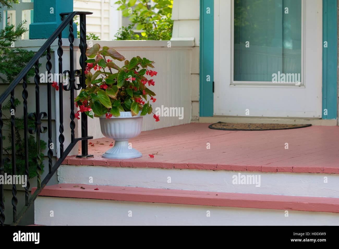 Fleurs en pot sur un porche pastel. Banque D'Images