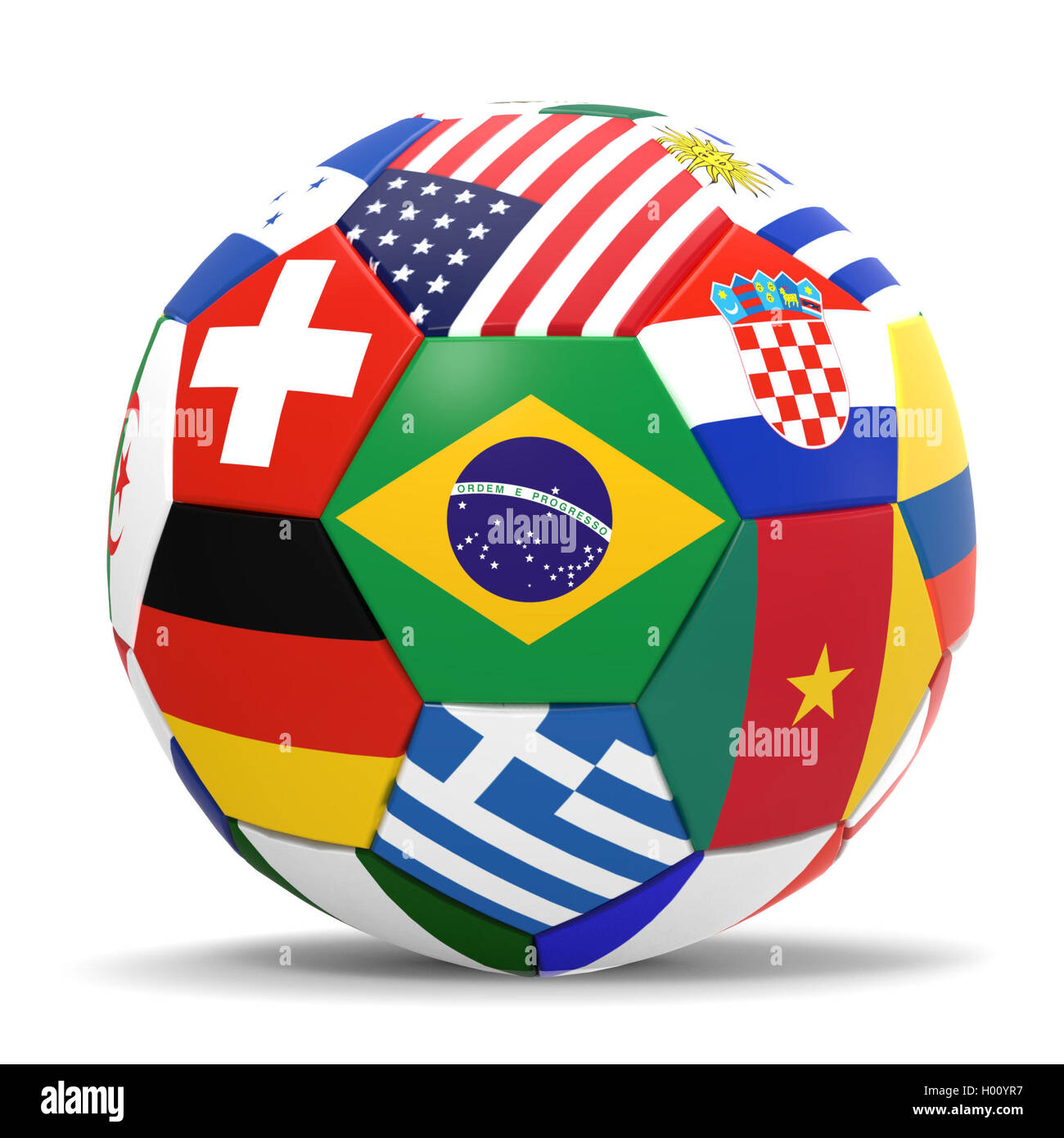 3D render of football avec drapeaux, représentant tous les pays participant à la coupe du monde de football au Brésil en 2014 Banque D'Images