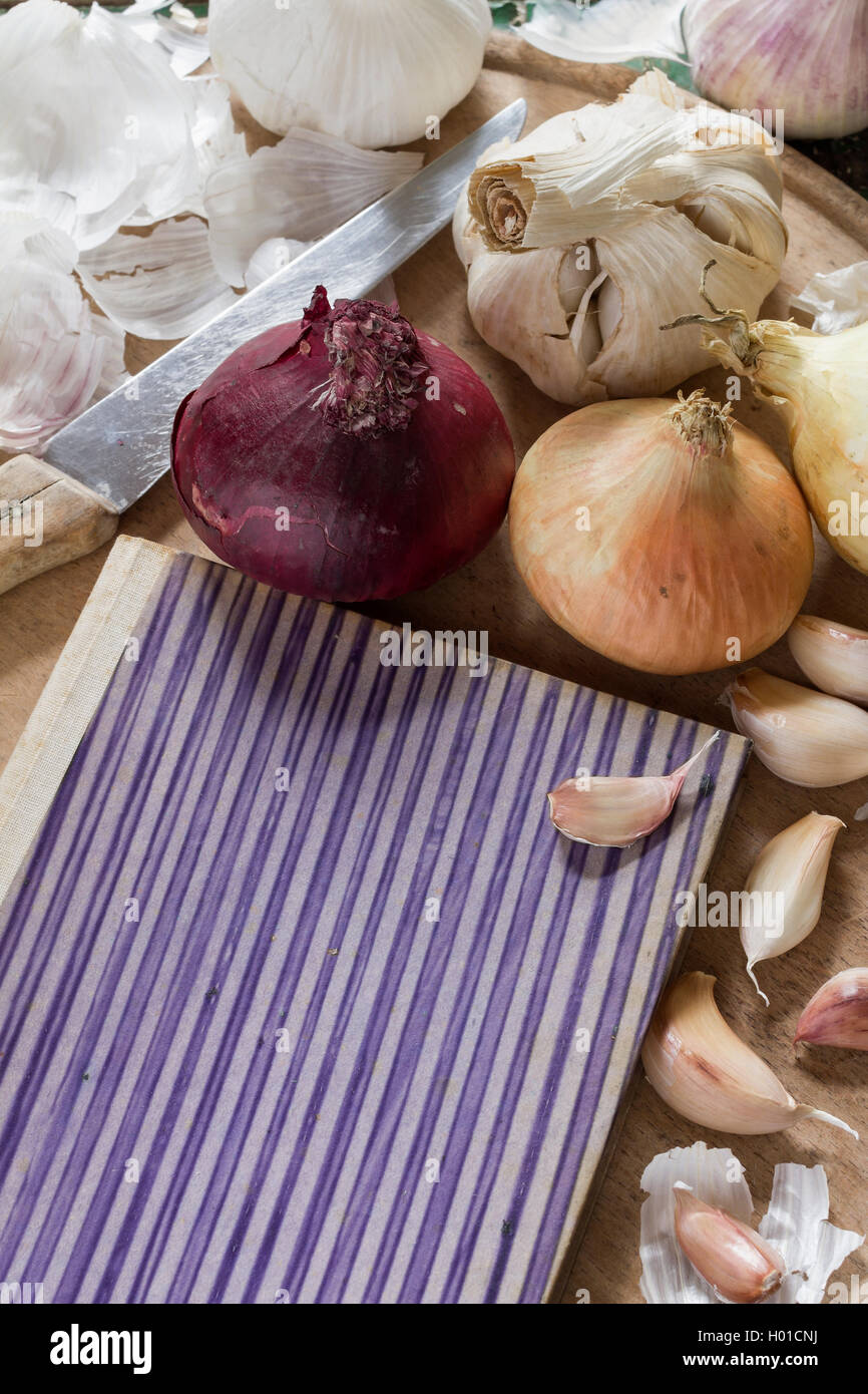 L'ail et l'oignon organique avec une vieille couverture de livre et de couteau comme un parc naturel pour la vie toujours en bonne santé et l'alimentation et de la cuisine végétarienne Banque D'Images