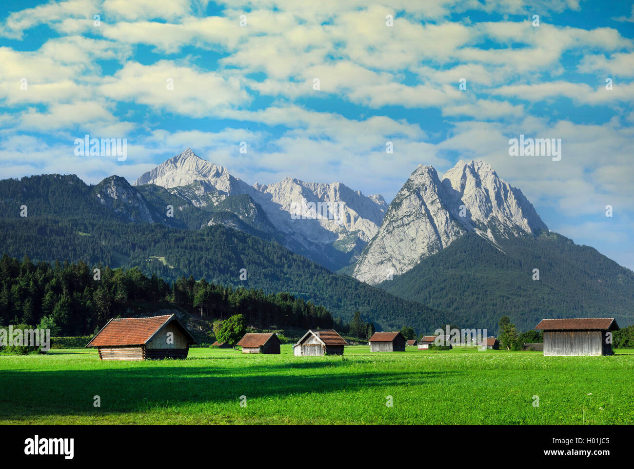 Grange de foin dans un pré avec vue sur le grand et le Waxenstein Alpspitz (à gauche) vu de Garmisch, Allemagne, Bavière, Oberbayern, Upper Bavaria, Zugspitzgebiet Banque D'Images