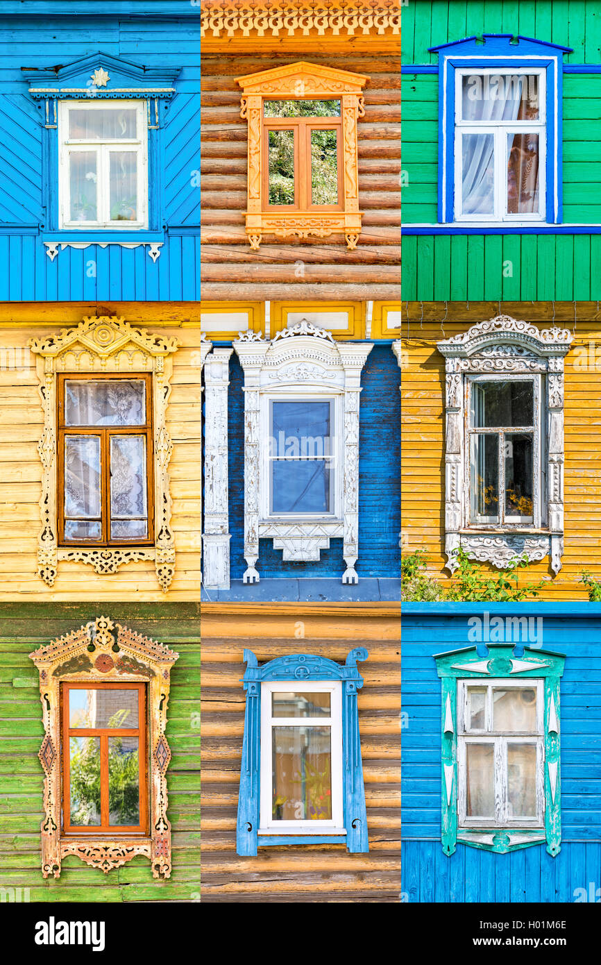 Fenêtres en bois russe le collage, l'anneau d'or, Moscou Banque D'Images
