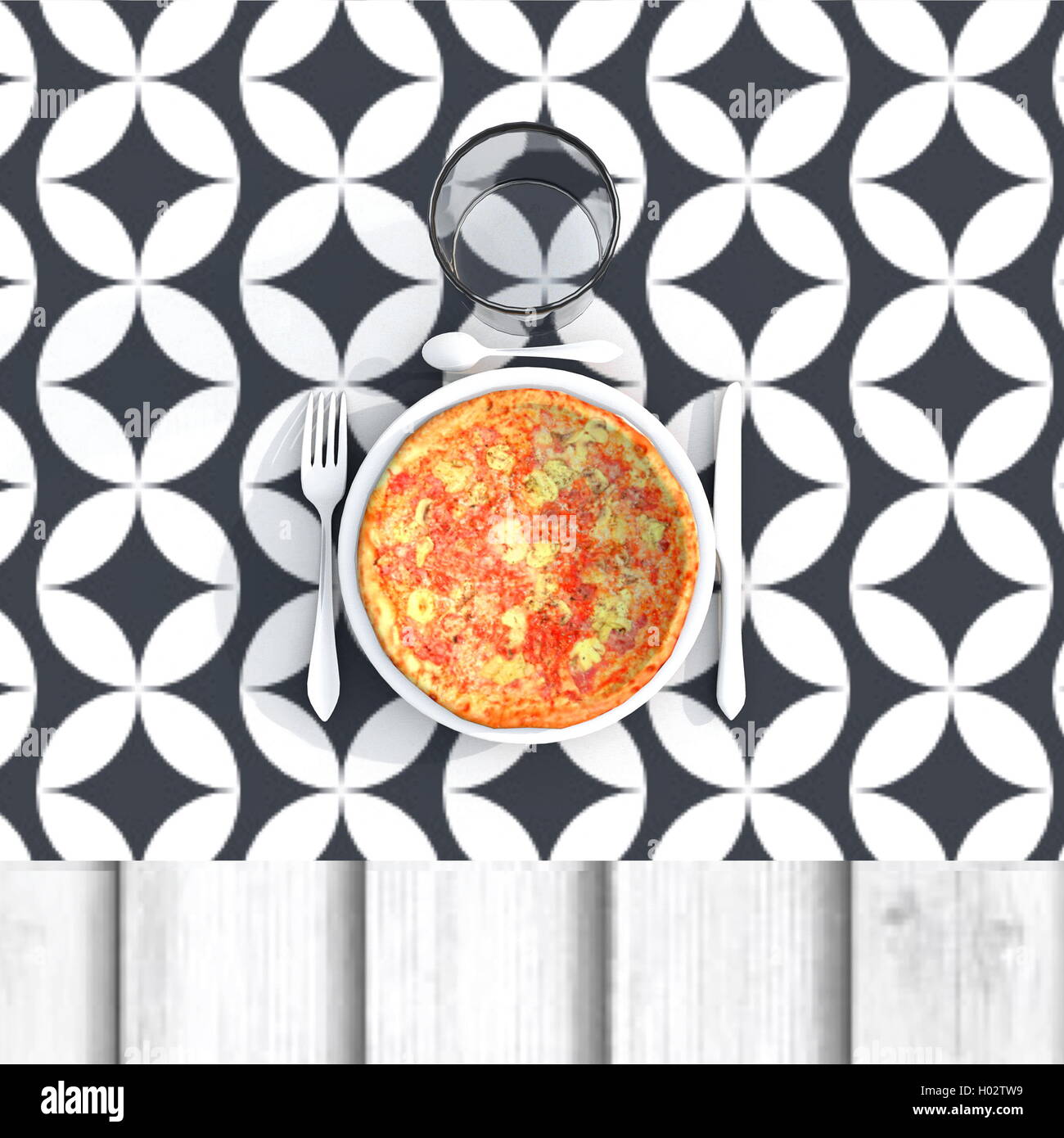 Illustration 3d rendering de pizza italienne avec couverts et verre Banque D'Images