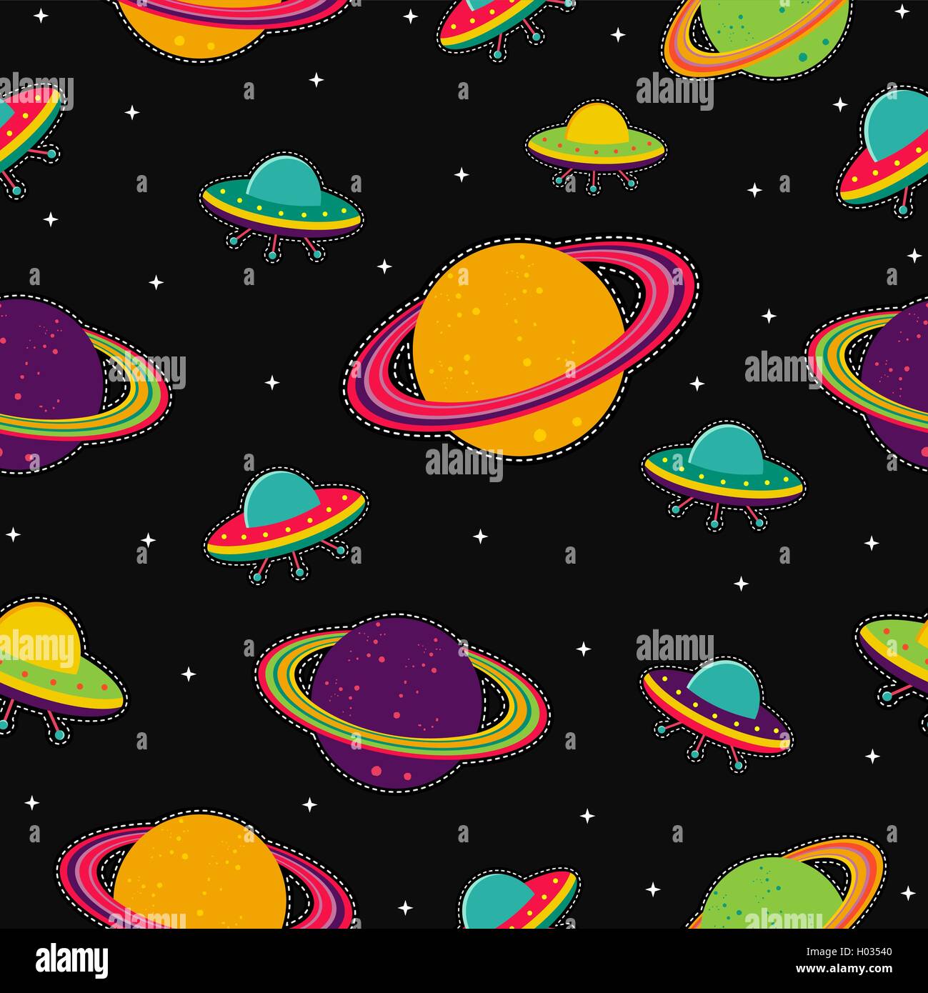 Style rétro années 90 motif transparent avec de l'espace planète icônes de couleurs d'amusement, de Saturne et de concevoir les navires étrangers. Vecteur EPS10. Illustration de Vecteur