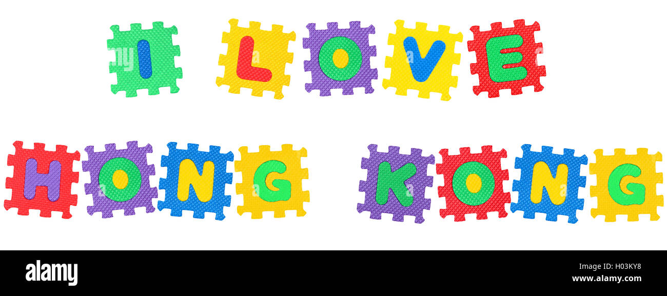 Message je love hong kong , de lettres, puzzle isolé sur fond blanc. Banque D'Images