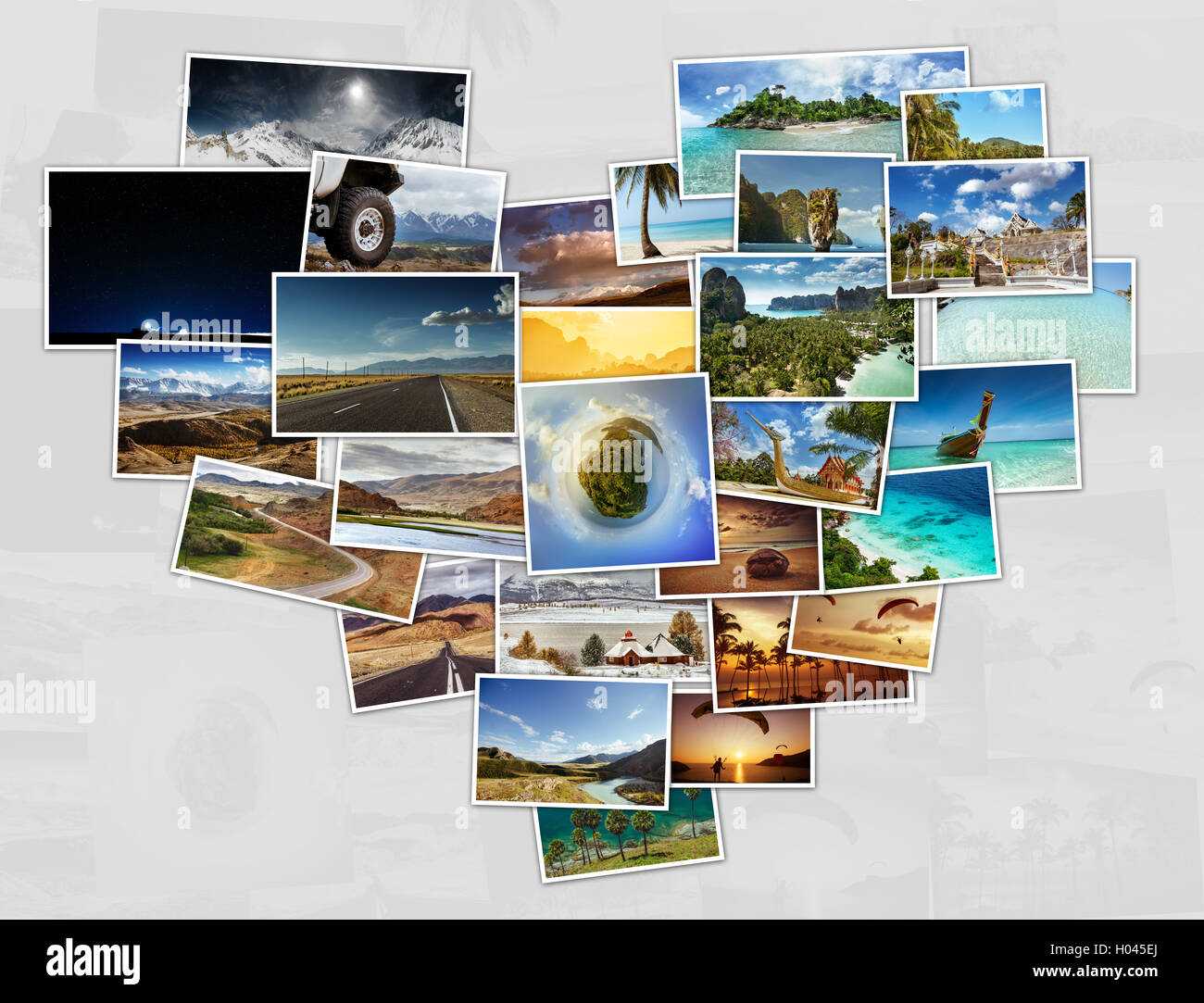 Collage de photos de voyage situé dans la forme de coeur concept Banque D'Images
