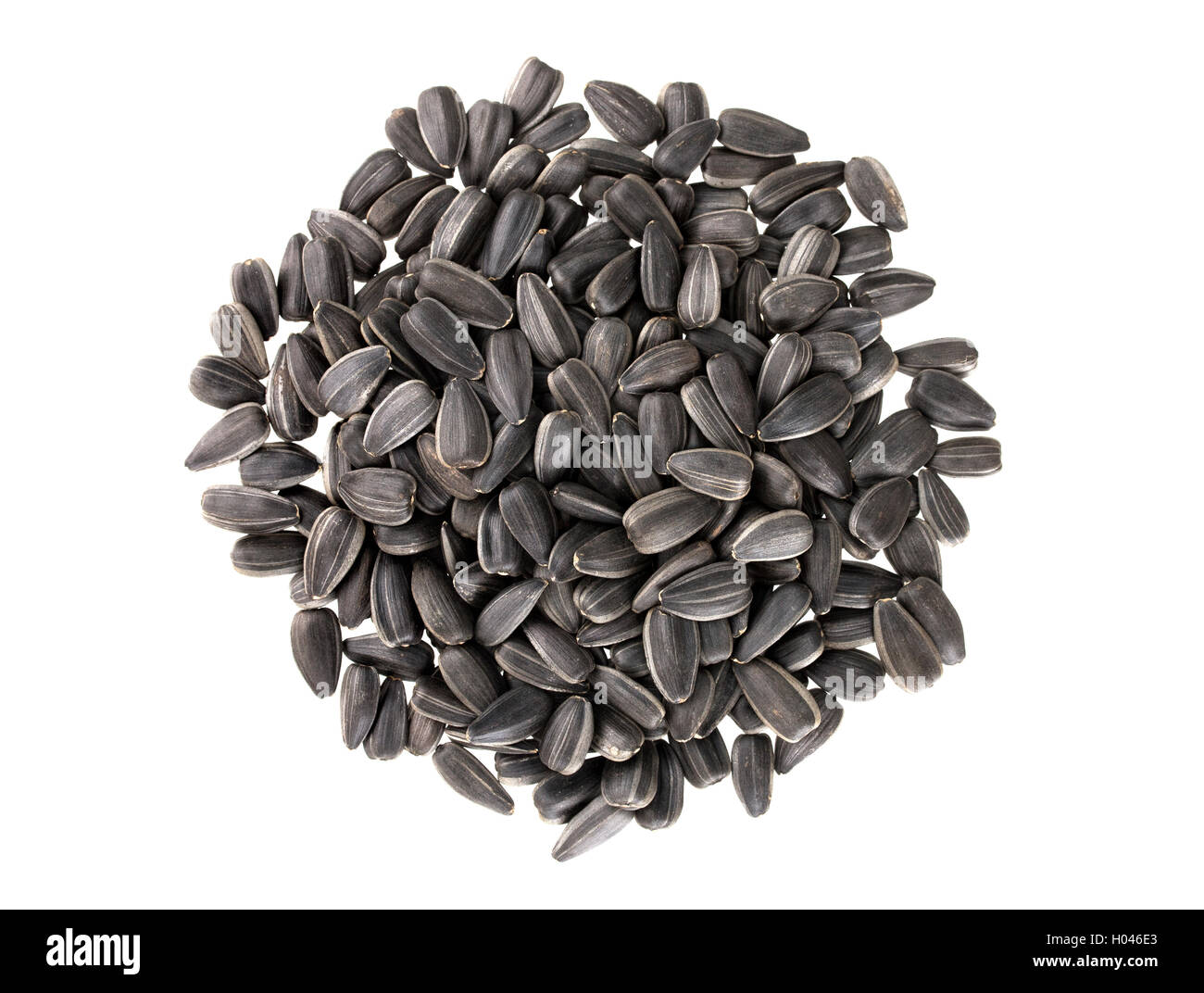 Tas de graines de tournesol noires isolé sur blanc, vue d'en haut Banque D'Images