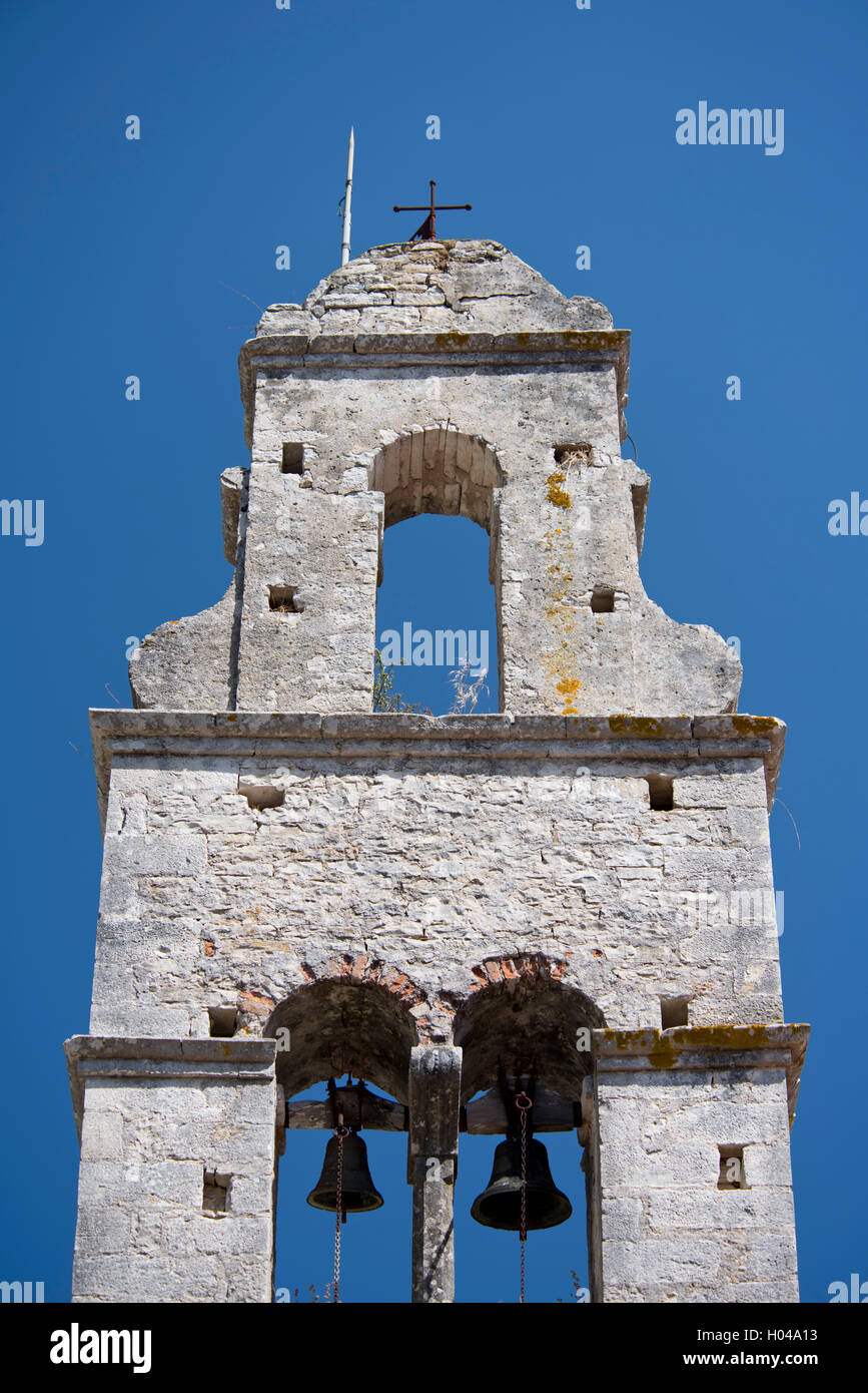 Le clocher d'Agios Yperayia Theotokou Eleousa sur l'île de Paxos, îles Ioniennes, îles grecques, Europe Banque D'Images