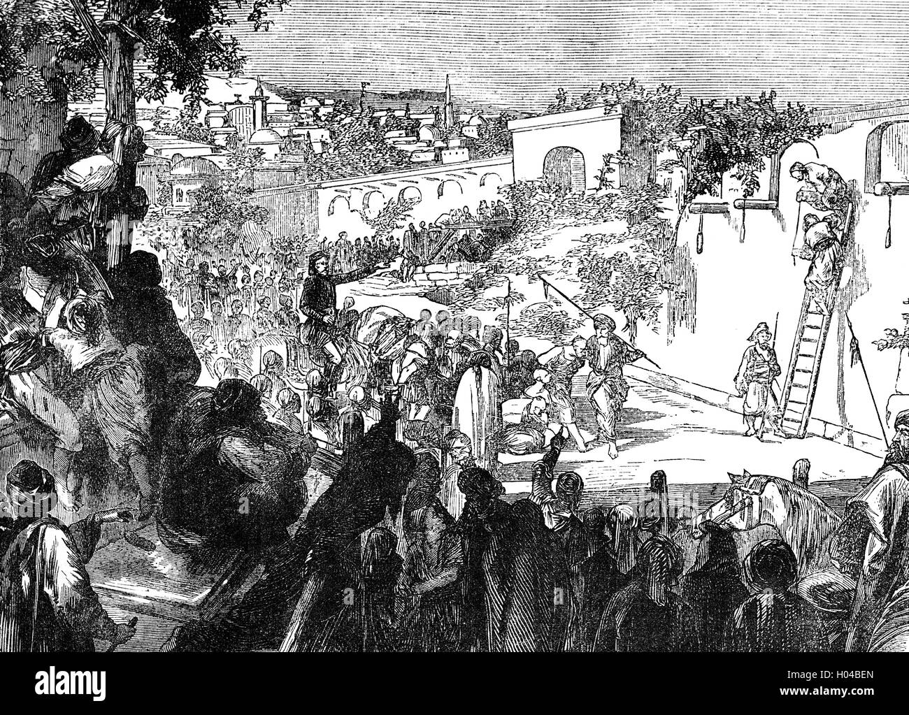 L'exécution des Druzes durant la guerre civile de 1860 sur le mont Liban (aussi appelée la guerre civile en Syrie 1860). Il a été le point culminant d'une insurrection paysanne, qui a commencé dans les montagnes du Mont Liban comme une rébellion de paysans maronites contre leurs suzerains Druze. Banque D'Images