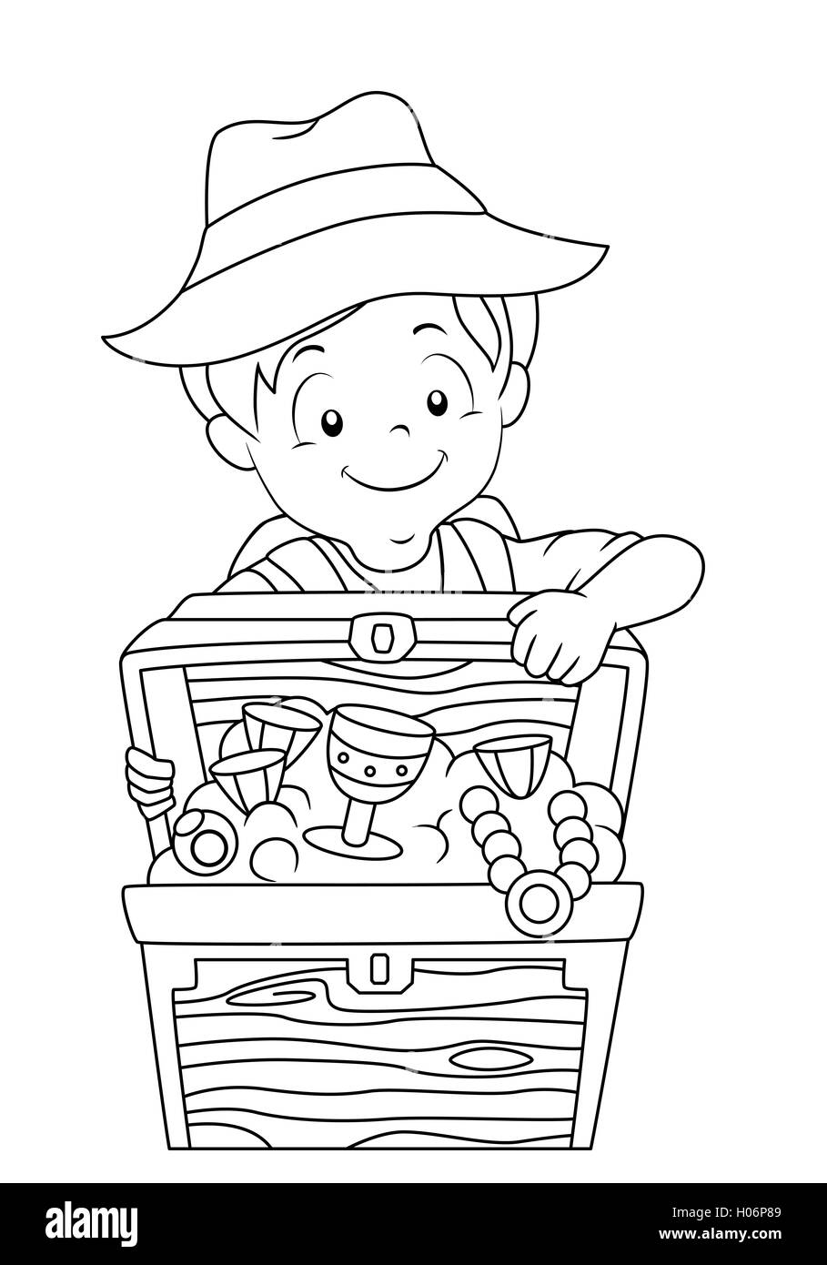 Le noir et blanc à colorier l'illustration d'un garçon de l'ouverture d'un coffre de trésor Banque D'Images