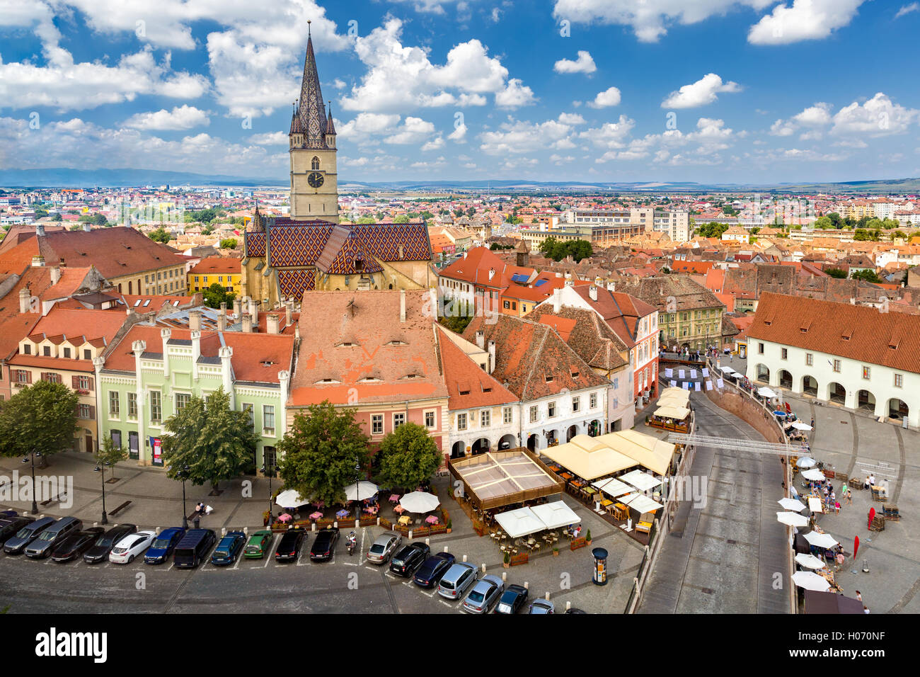 Vue aérienne de la vieille ville de Sibiu. Banque D'Images
