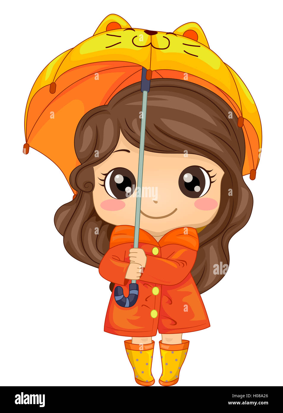 Illustration d'une jolie fille portant un imperméable Orange Banque D'Images