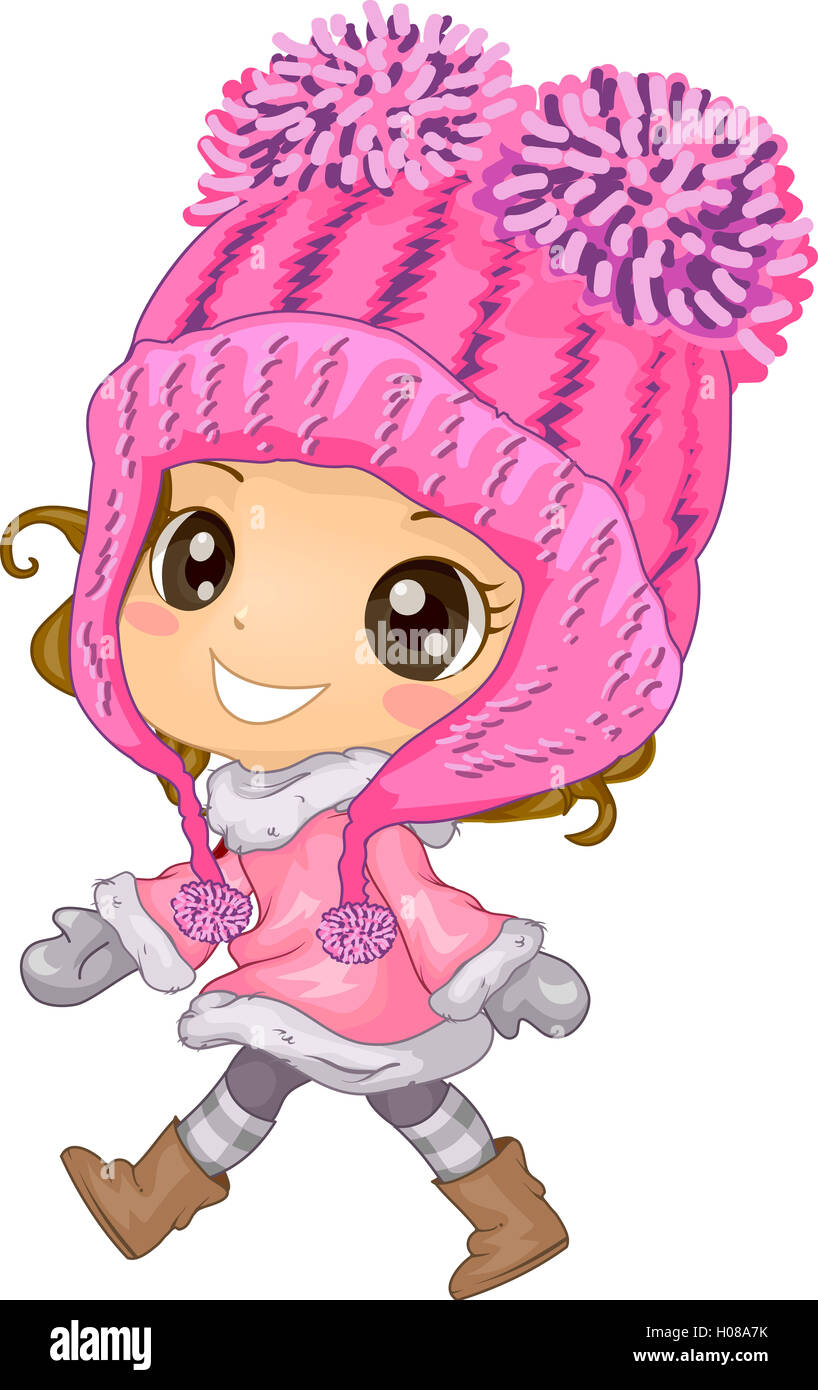 Illustration d'une mignonne petite fille portant un Pom Pom Hat Banque D'Images