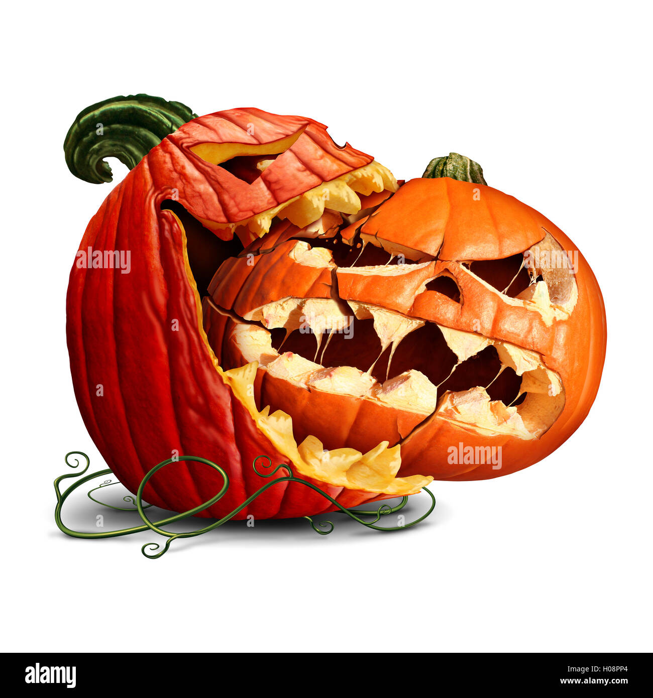 Manger comme une icône de citrouille halloween dominante squash de prendre une bouchée d'un autre mal orange jack o lantern ou un symbole alimentaire thanksgiving avec 3D illustration éléments. Banque D'Images