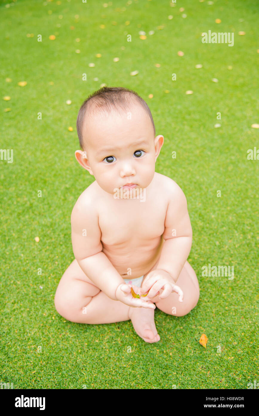 Adorable bébé garçon asiatique de ramper sur l'herbe verte champ lorsqu'il a jouer dans le parc. Banque D'Images