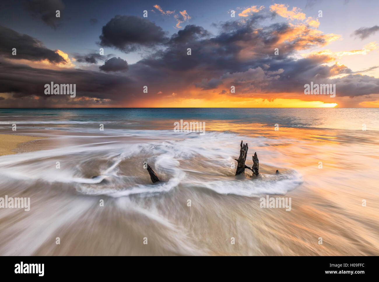 Les vagues et le coucher du soleil des caraïbes sur des troncs d'images Ffryes Beach, Antigua, Antigua et Barbuda, Iles sous le vent, West Indies Banque D'Images
