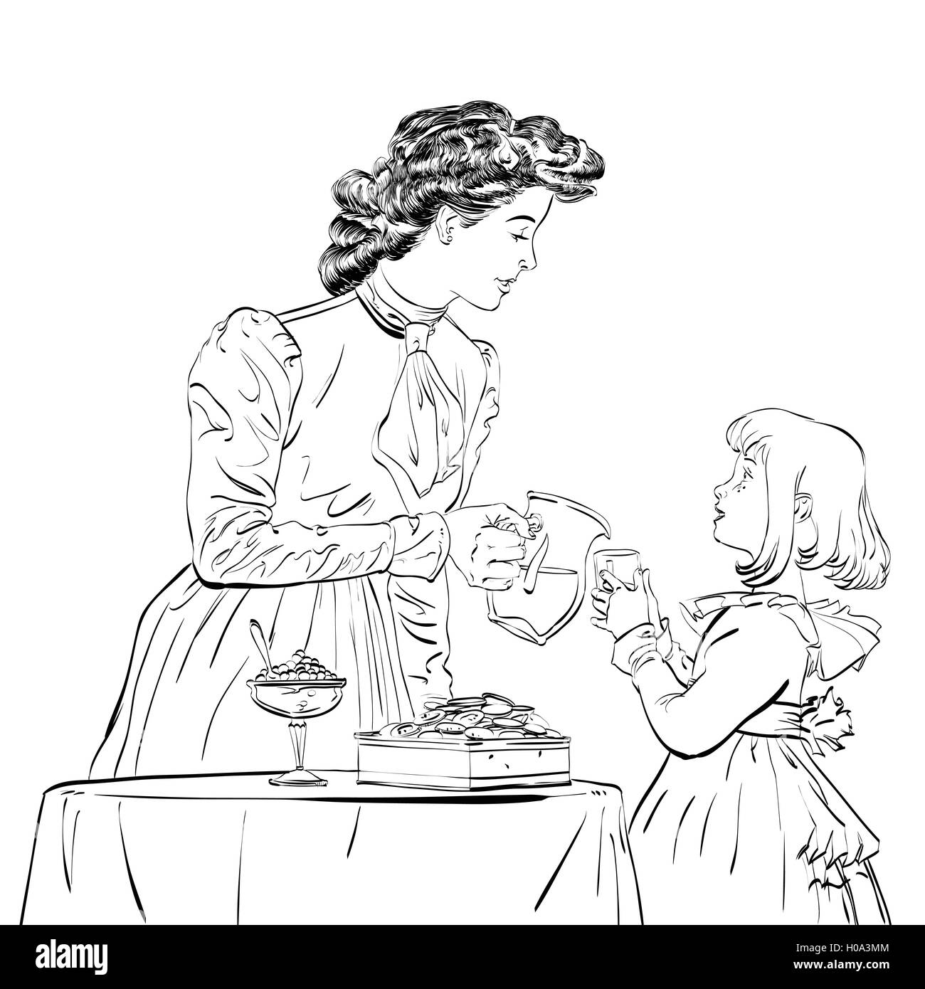 Mère aristocrate verser sa fille un jus Illustration de Vecteur