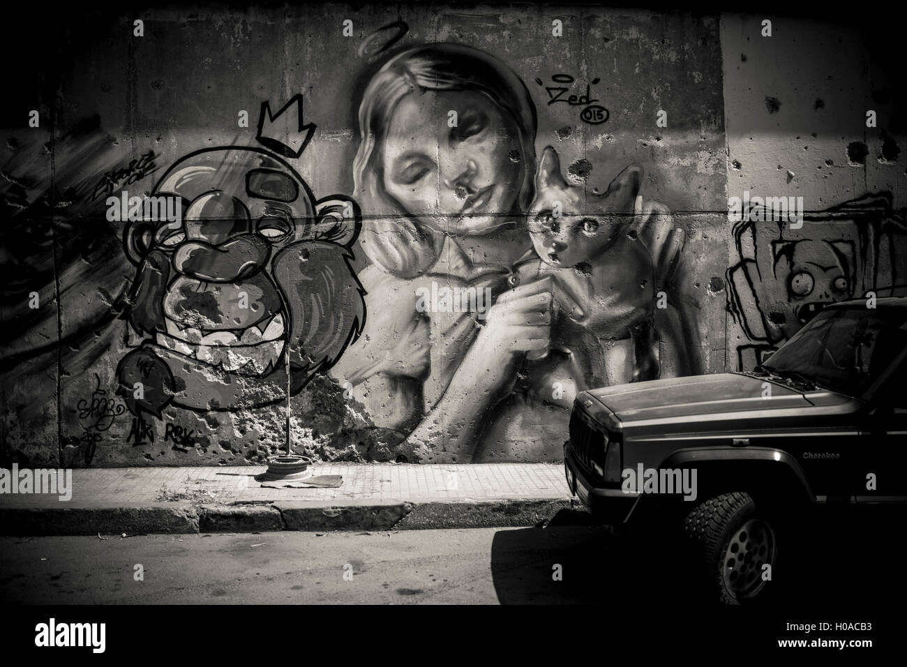 Les graffitis à Beyrouth - 10/08/2015 - Liban / Beyrouth - Mar Mikhail, Beyrouth, août 2015. Un caractère par Spaz (à gauche) et par street-peintre Zed (à droite, avec le chat). Ce mur permet d'être un jalon de plus, avant qu'il a été couvert par la municipalité en 2016. - Bilal Tarabey / Le Pictorium Banque D'Images