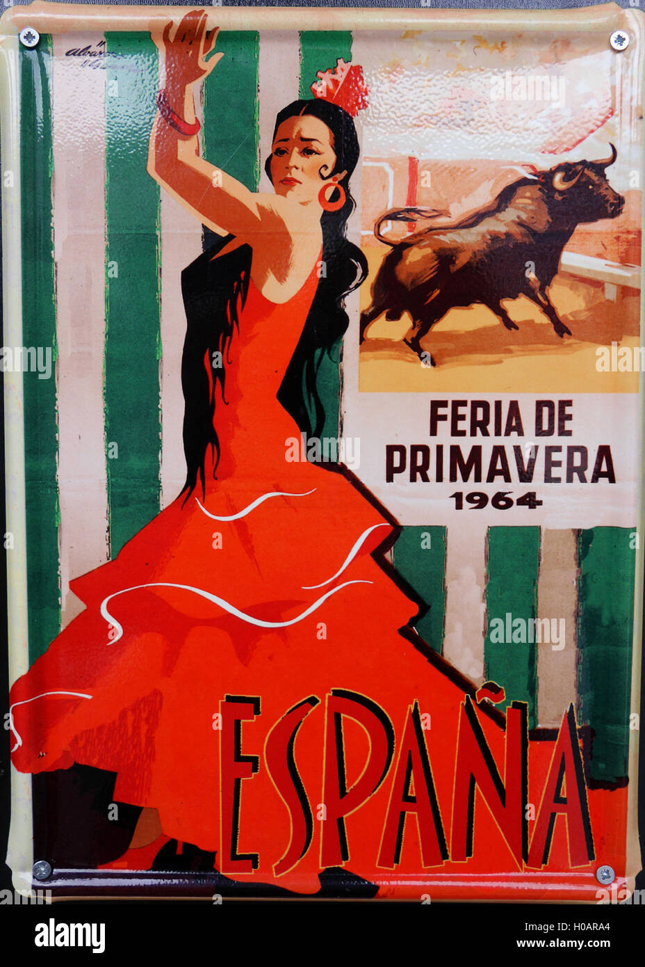 Vintage poster de dark-haired femme danseuse de flamenco avec la corrida pour Foire de Printemps de Séville en Andalousie, sud de l'Espagne. Banque D'Images