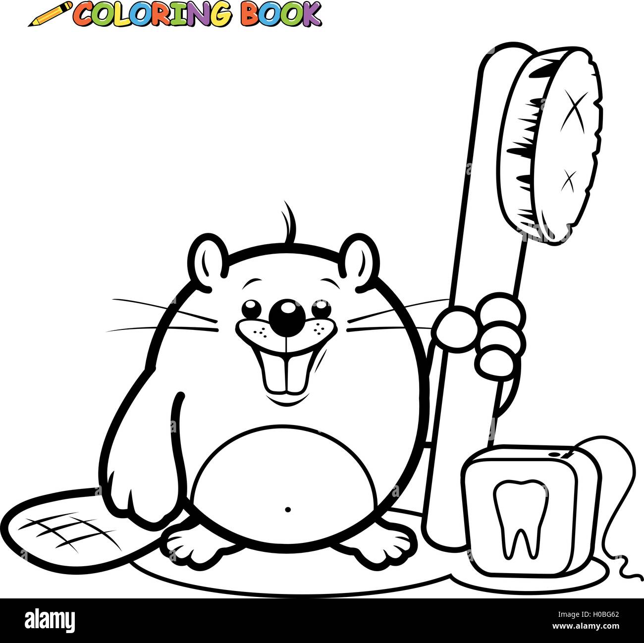 Castor tenant une brosse à dents et du fil dentaire page à colorier. Illustration de Vecteur