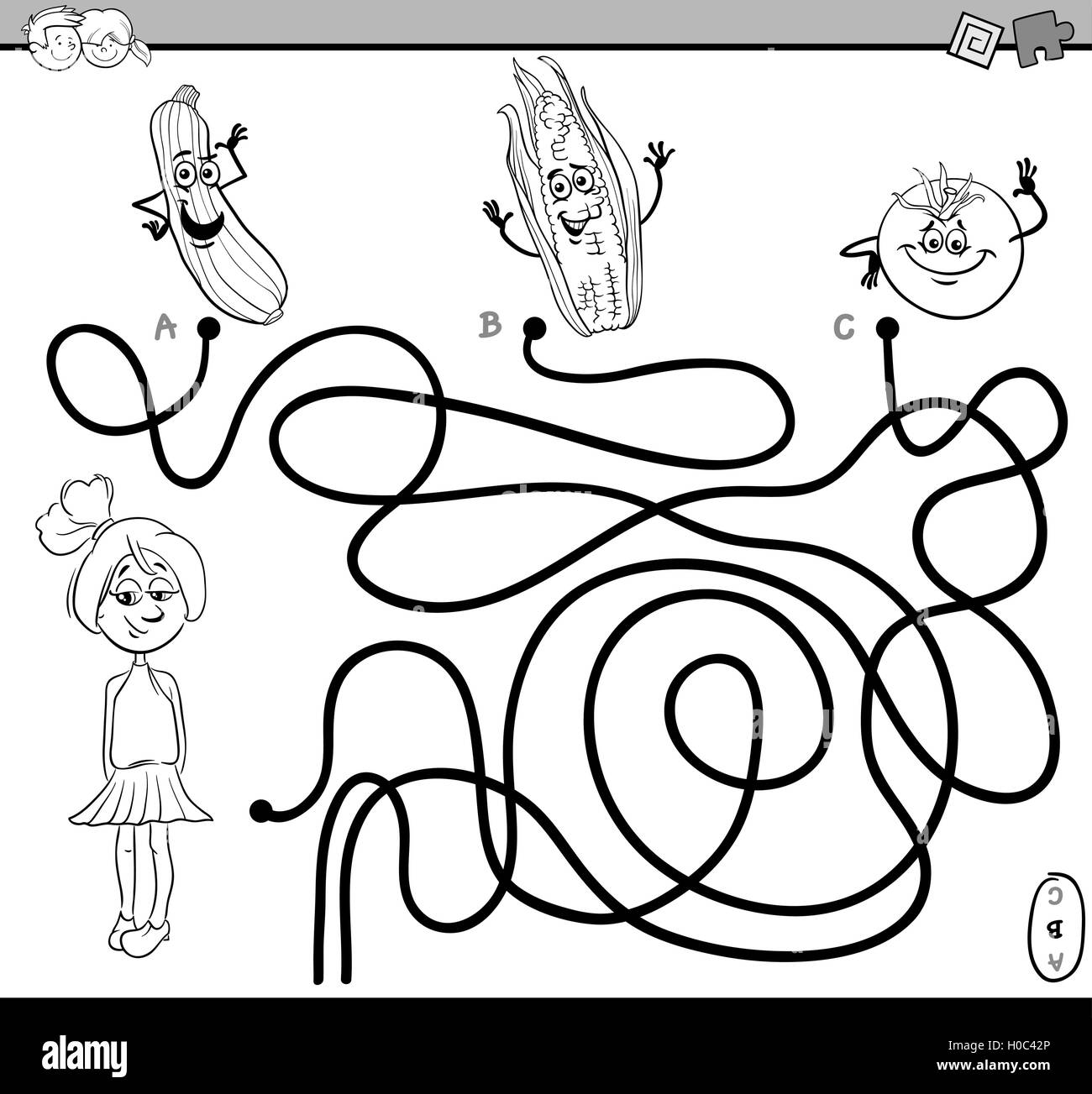 Cartoon noir et blanc Illustration de parcours éducatifs ou un labyrinthe Puzzle Activité avec Girl et légumes Coloring Book Illustration de Vecteur