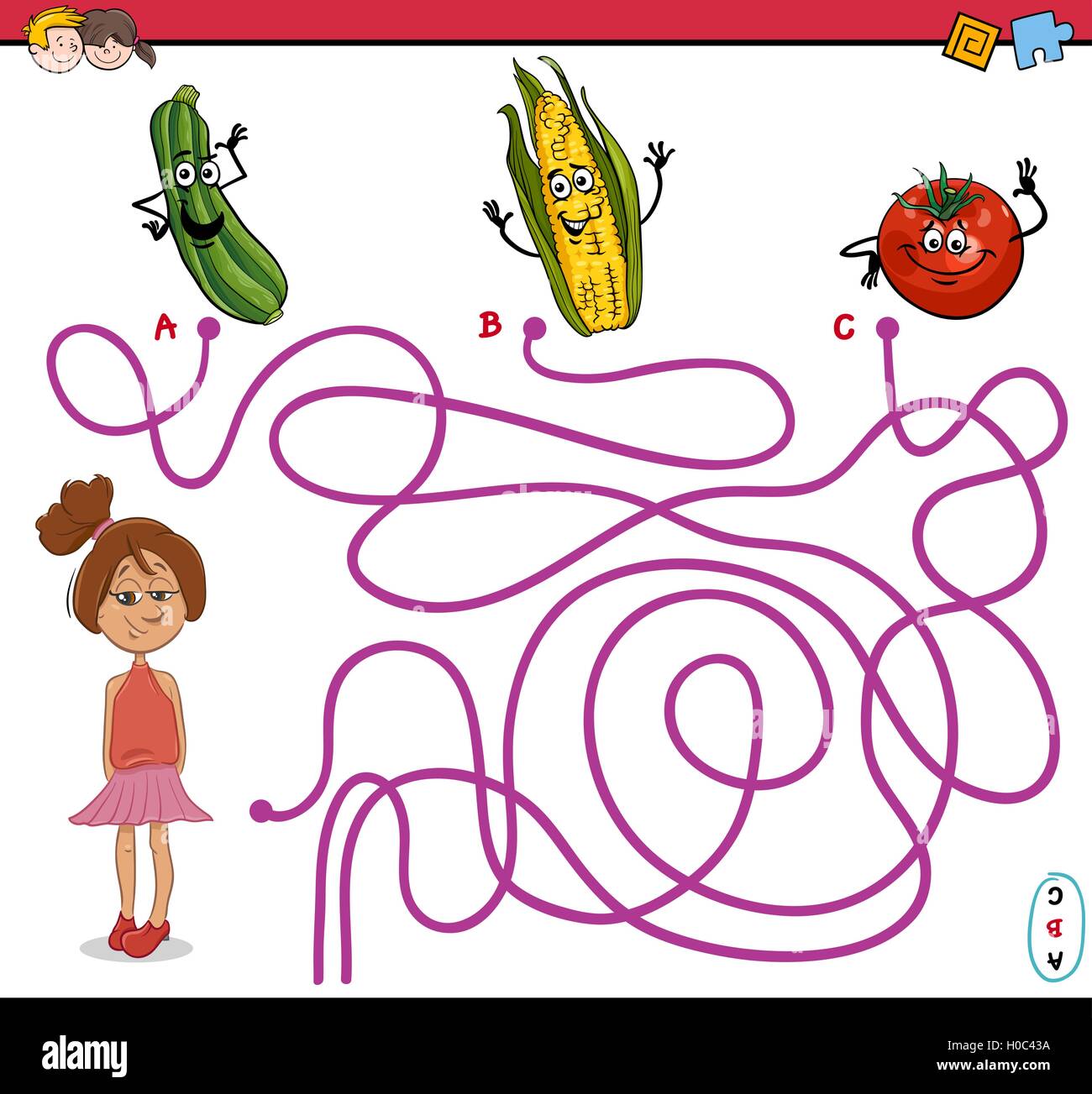 Cartoon Illustration de parcours éducatifs ou un labyrinthe Puzzle Activité avec Girl et Légumes Illustration de Vecteur