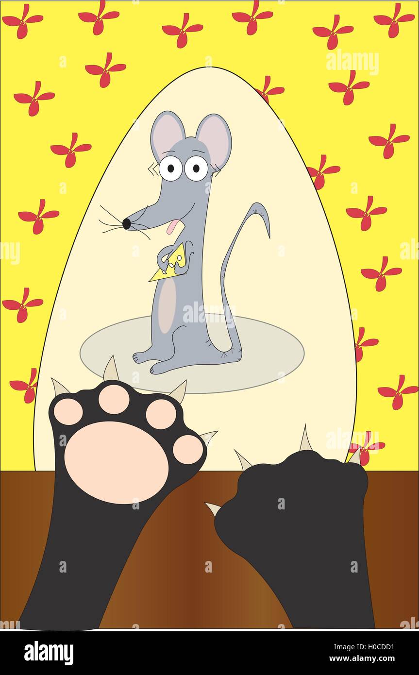 Animaux domestiques eye view de cat paws tente de prendre des souris holding morceau de fromage volés. Illustration de Vecteur