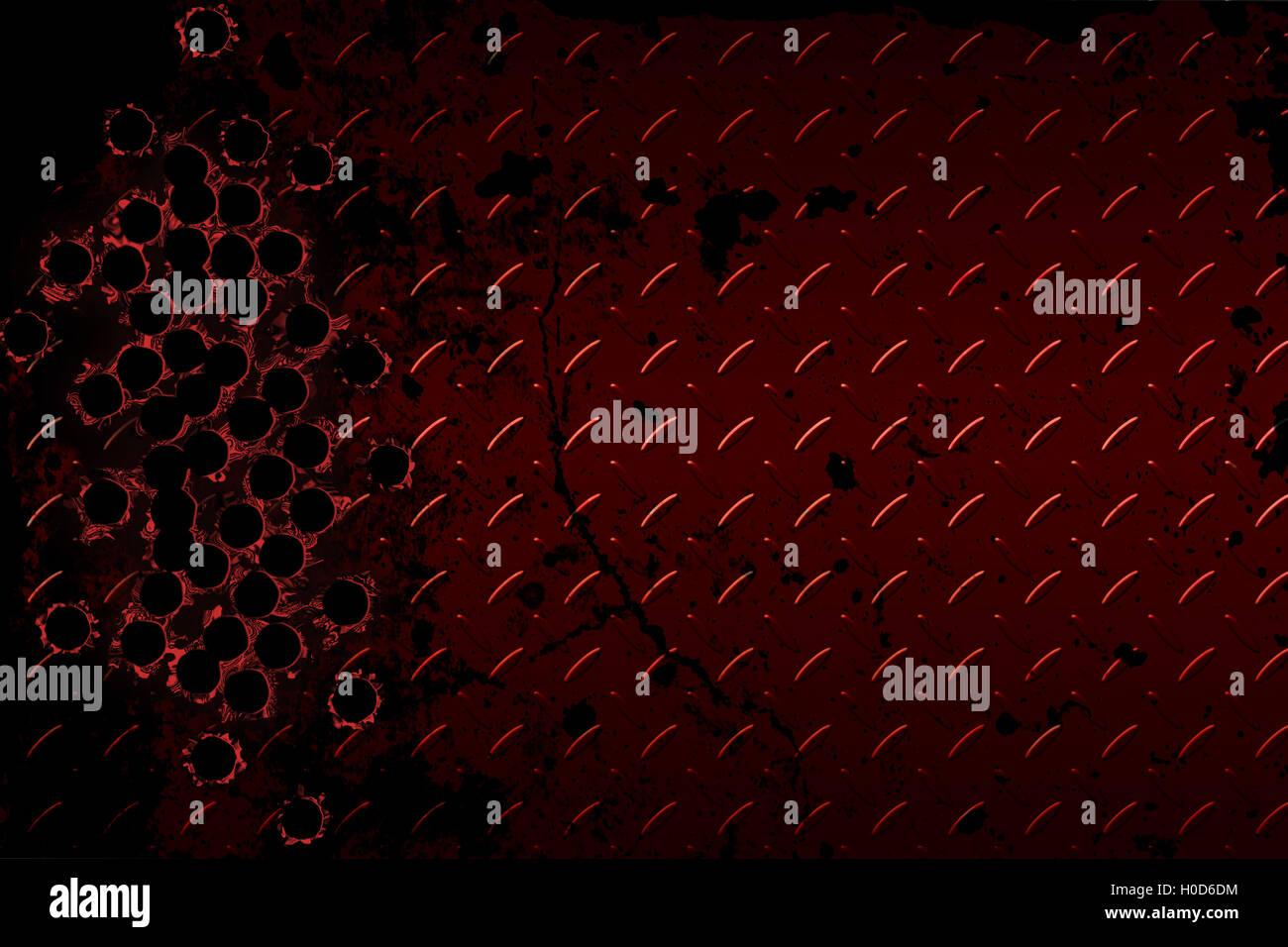 Trou de balle de fusil sur red diamond plate. metal arrière-plan. Banque D'Images