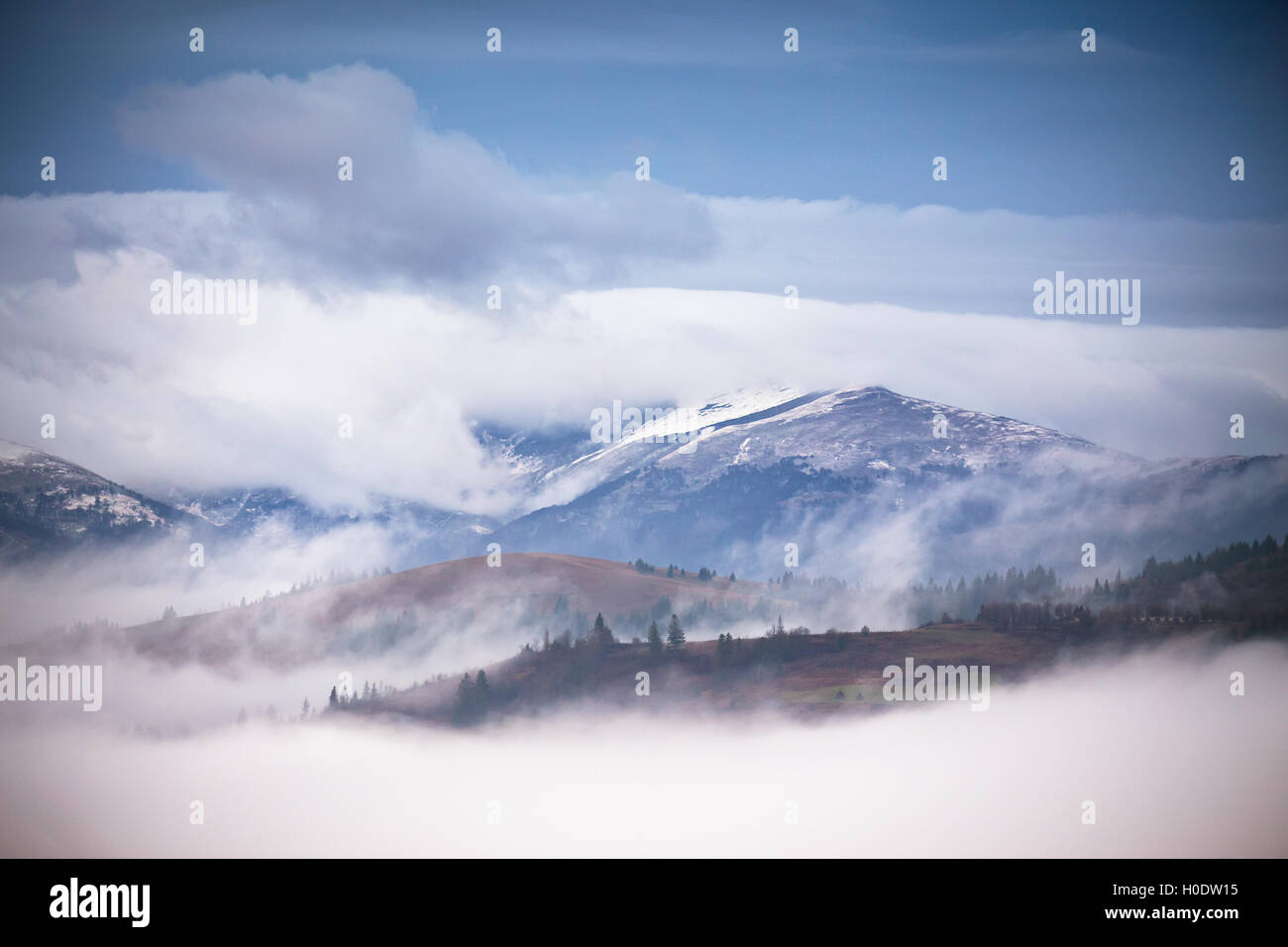 L'automne, novembre et brumeux matin neigeux dans Panorama des Carpates. Banque D'Images
