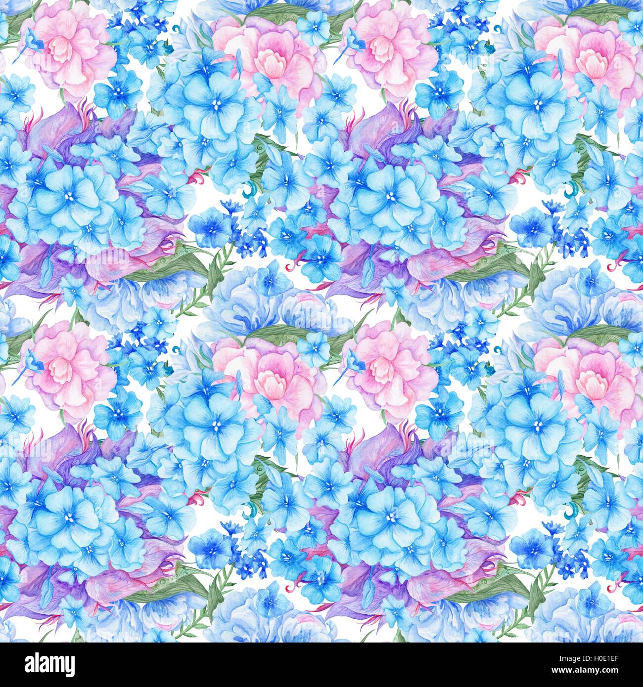 L'aquarelle transparente texture fleurs pour mariage, papier peint, design textile avec bleu et rose pivoine et hortensias Banque D'Images