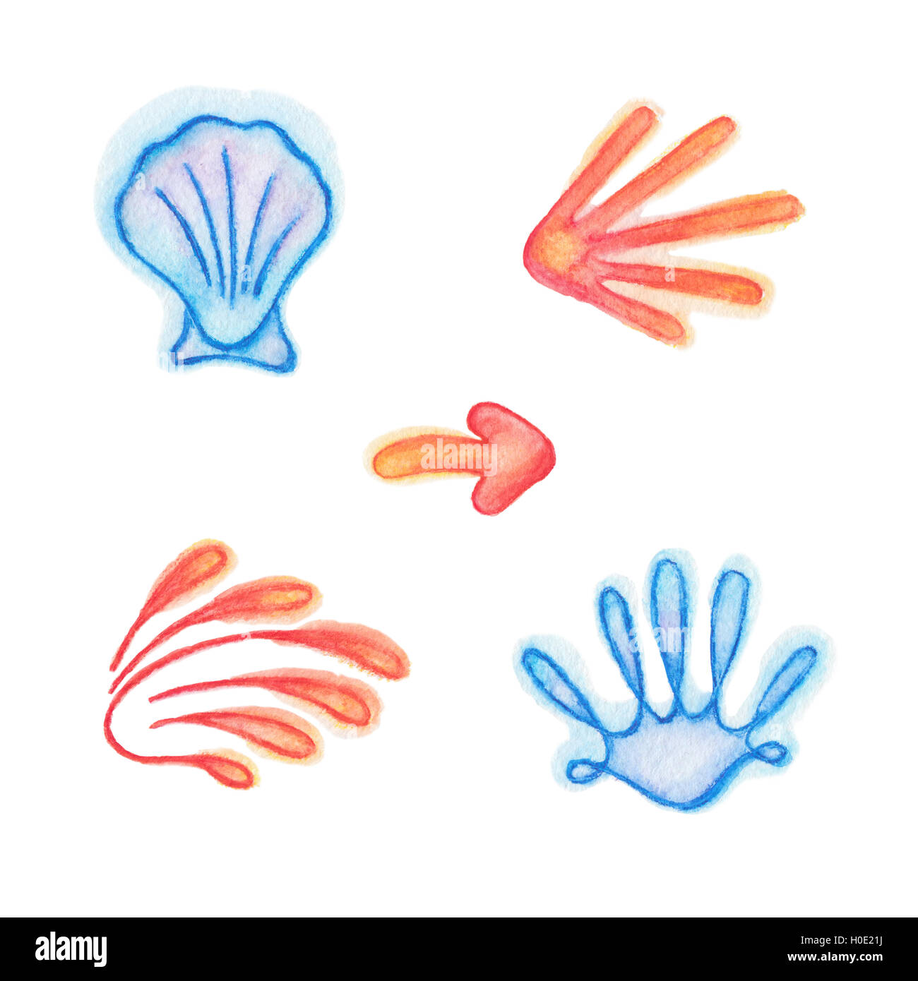 Camino de Santiago route de coquilles crayons aquarelle dessins signes isolated on white Banque D'Images