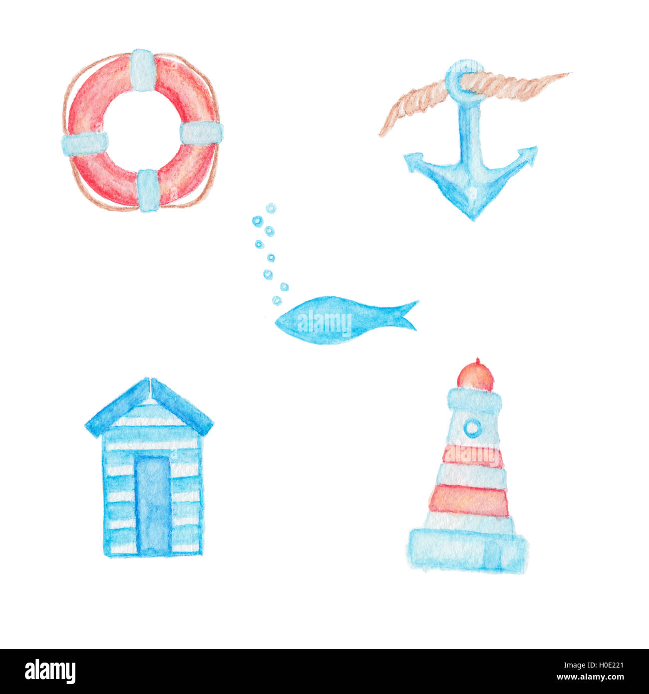 Bouée rouge, ancre avec corde, poisson bleu avec bulles, rayé beach et phare de vestiaire dessin crayons aquarelle Banque D'Images