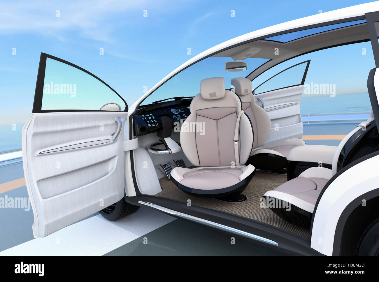 L'auto-conduite SUV concept intérieur. Sièges avant peuvent pivoter dans n'importe quel angle, pour une saisie facile fonction. Le rendu 3D image. Banque D'Images