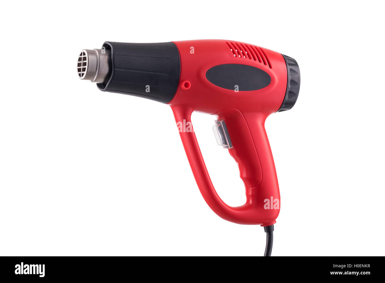 Pistolet thermique avec l'étiquette isolé sur fond blanc Banque D'Images