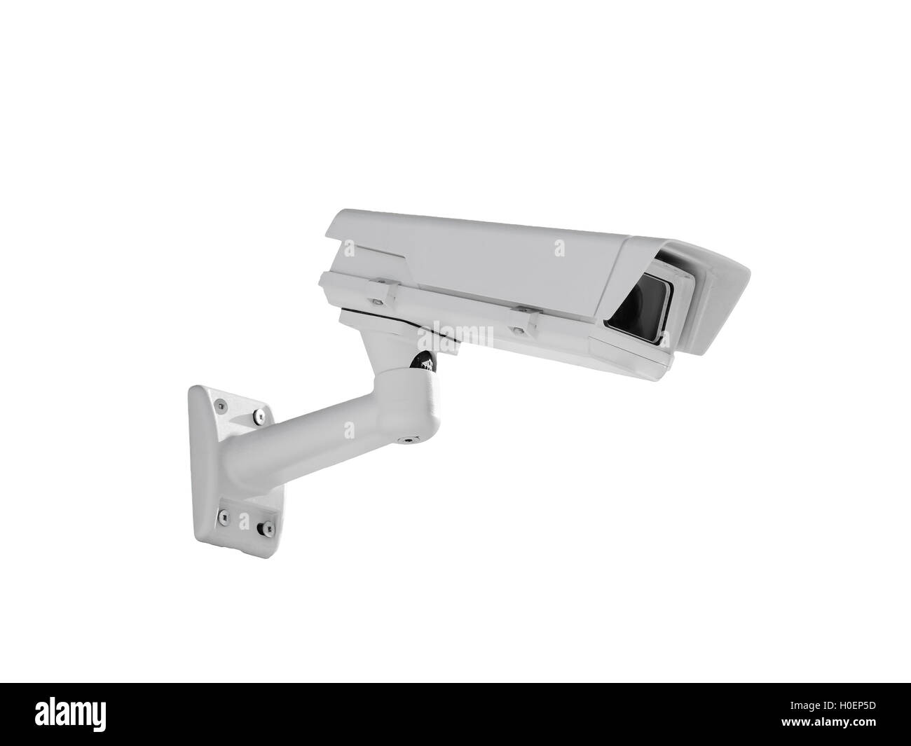 Caméra de surveillance extérieure robuste vue côté isolé sur fond blanc Banque D'Images