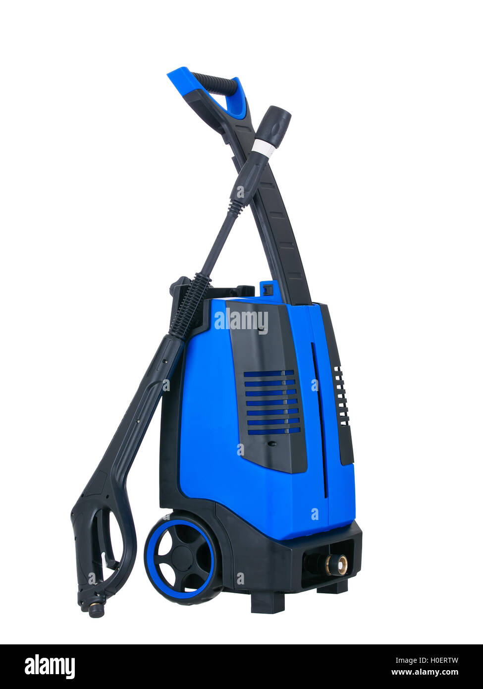 Pression bleu rondelle portable vue latérale sur fond blanc, pur Banque D'Images