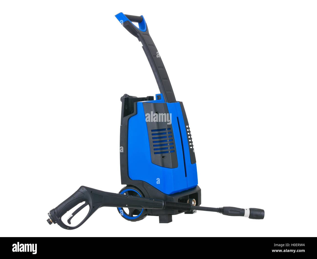 Pression bleu rondelle portable pistolet sur fond blanc, pur Banque D'Images