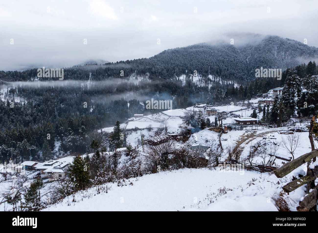 Des terres agricoles dans l'Himalaya, la neige, la vallée de Haa liés Bhoutan Banque D'Images