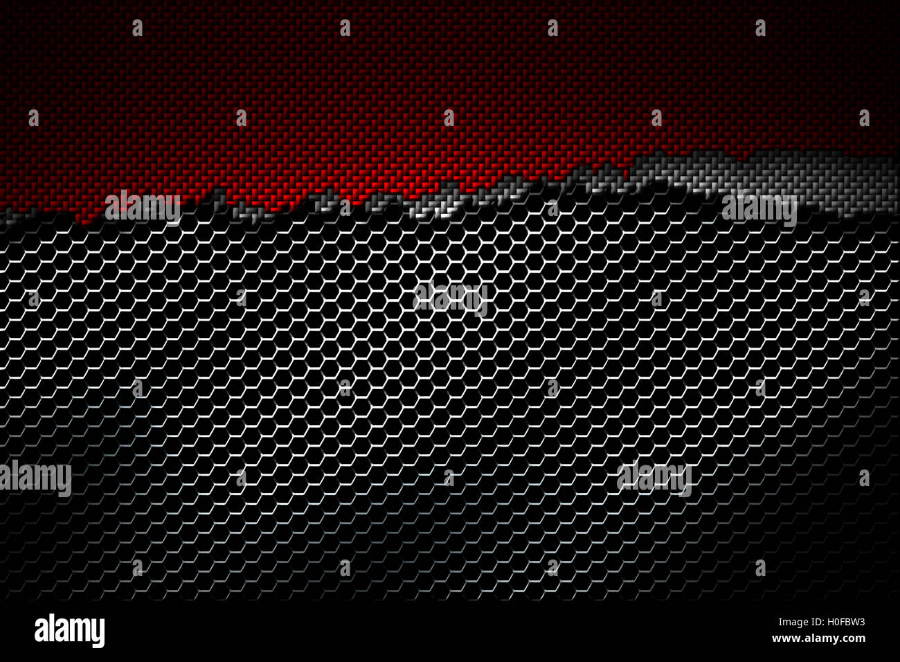 Fibre de carbone blanc et rouge larme sur le grillage métallique noir. contexte et la texture. 3d illustration. Banque D'Images