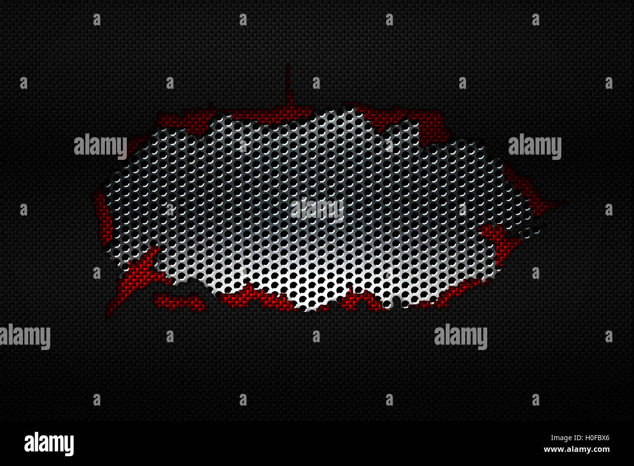 La fibre de carbone noir et rouge larme sur le grillage métallique noir. contexte et la texture. 3d illustration. Banque D'Images