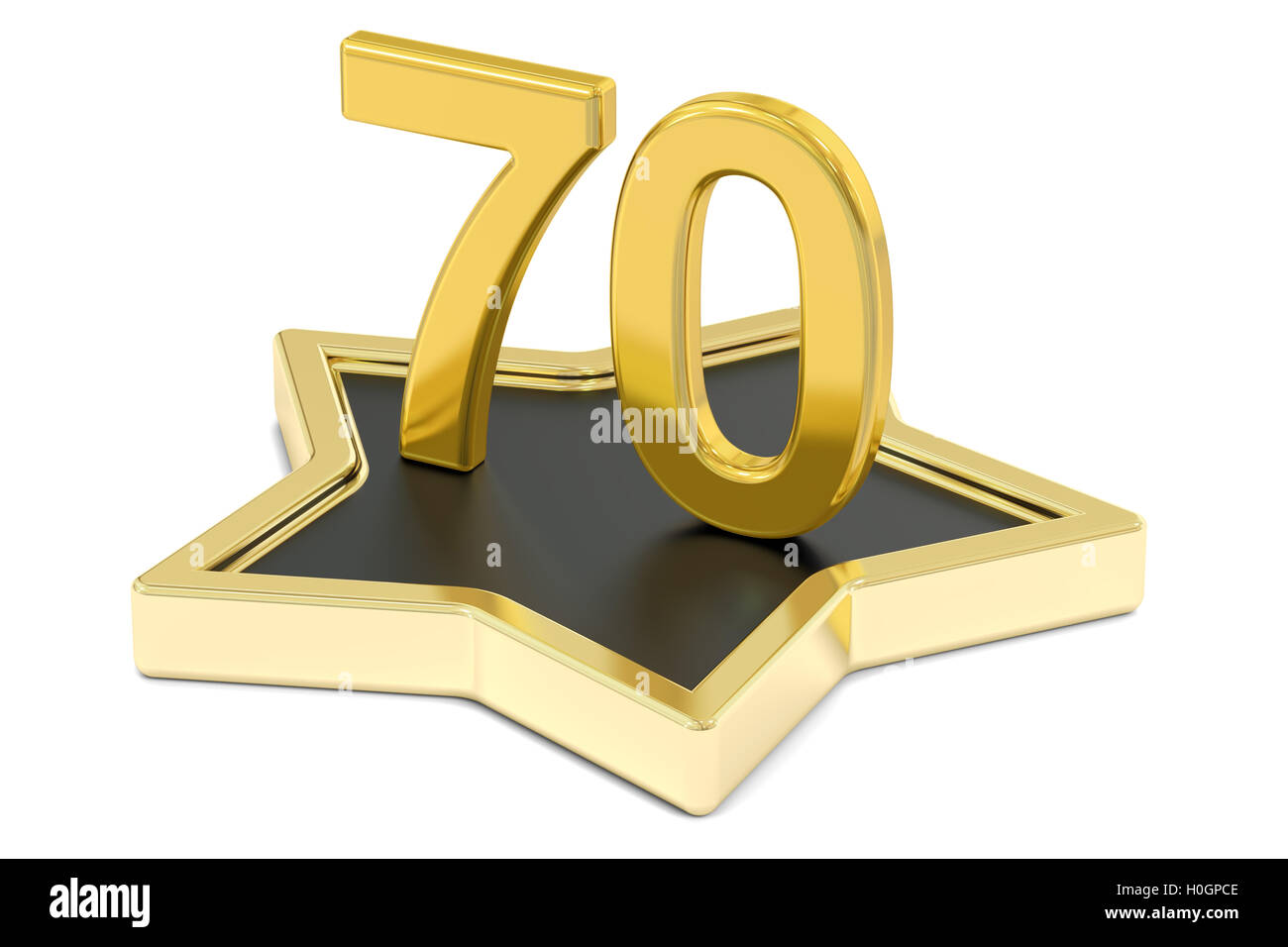 Nombre d'or 70 étoiles sur podium, concept award. Le rendu 3D isolé sur fond blanc Banque D'Images