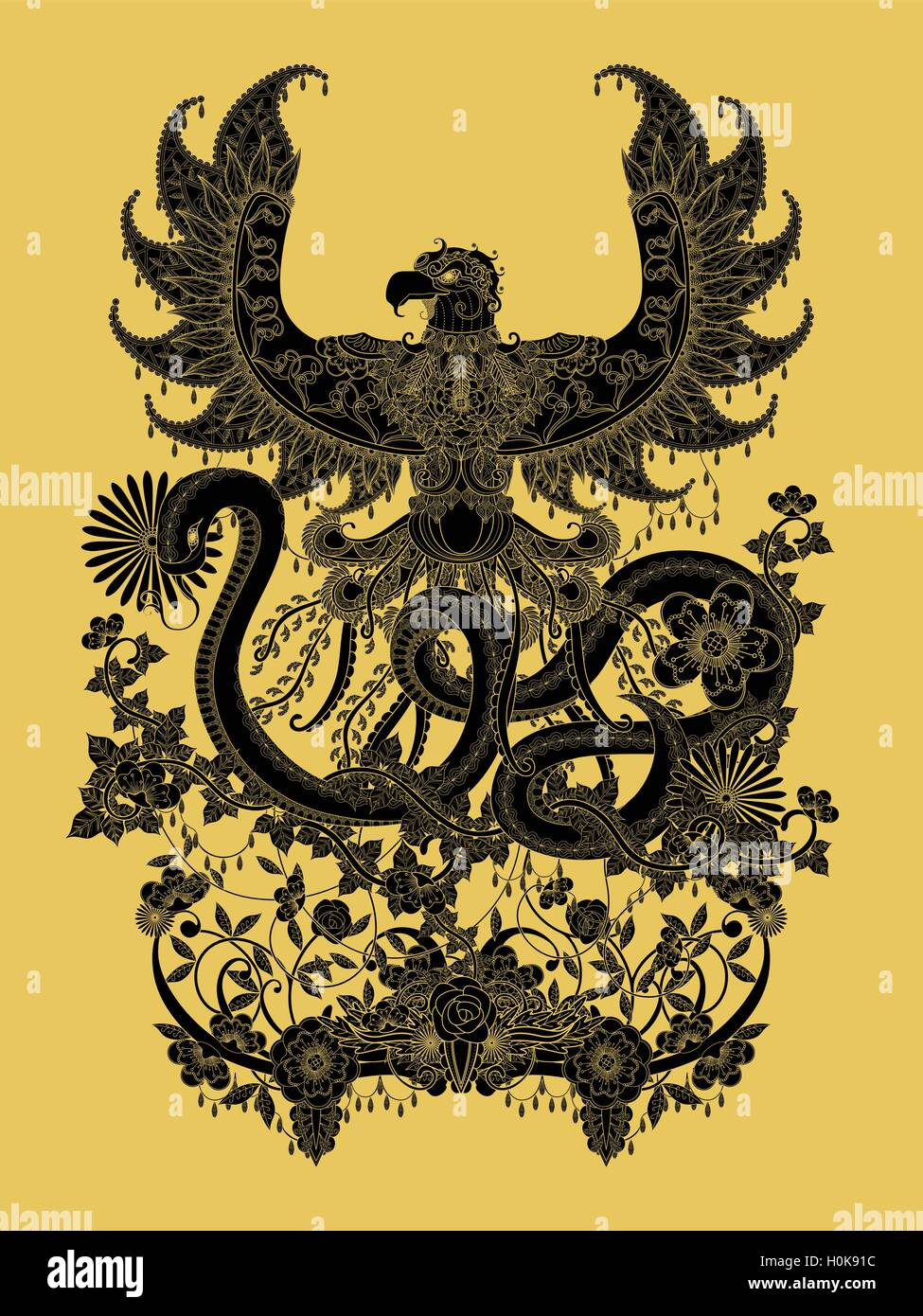 Gorgeous hot coloriages, eagle propagation des ailes avec snake hiss, éléments floraux décoratifs autour d'eux. Noir et or Illustration de Vecteur
