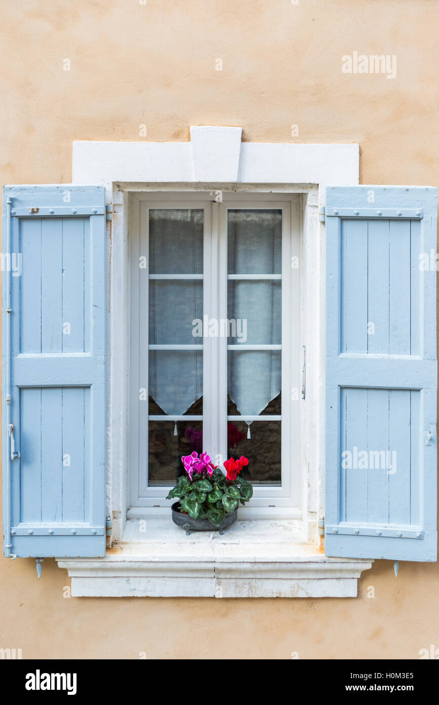 Cyclamen en pot sur le rebord de fenêtre avec des volets bleu pâle, Bonnieux, Provence, France Banque D'Images