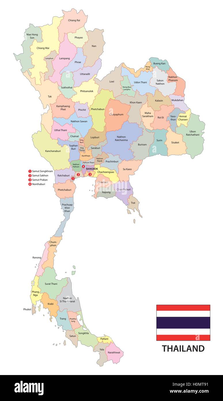 Carte vectorielle administrative du royaume de Thaïlande avec drapeau Illustration de Vecteur
