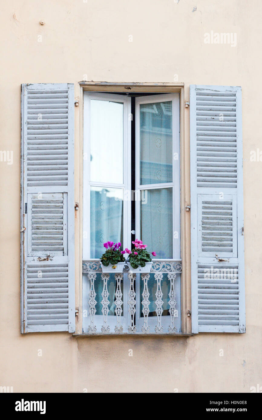 Fenêtre, volets roulants et de cyclamen, Menton, Alpes-Maritimes, France Banque D'Images